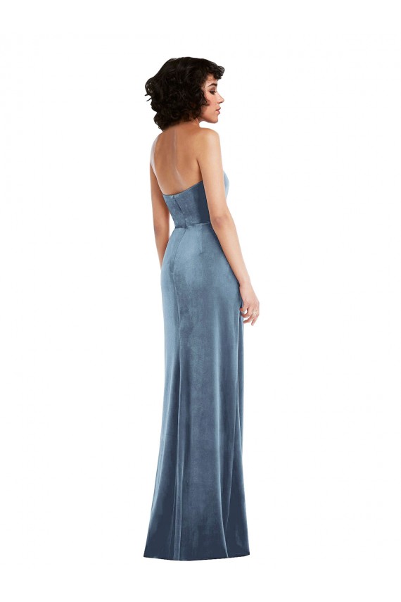 Sleeveless Strapless Stretch Velvet Dusty Blue Long Formal Evening Dress Canada for Sale