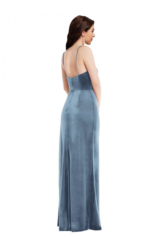 Sleeveless Sweetheart Stretch Velvet Dusty Blue Long Formal Evening Dress Canada for Sale