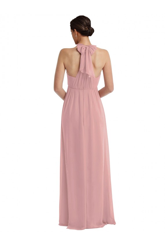 Sleeveless Halter Neck Soft Chiffon Dusty Pink Long Semi Formal Evening Dress Canada for Sale