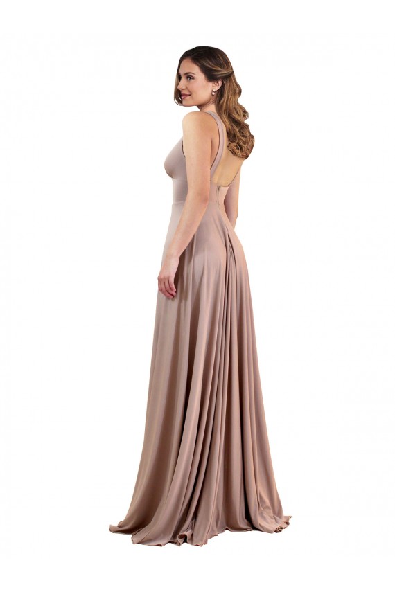 Sleeveless V-Neck Spandex Dusty Pink Long Black Tie Evening Dress Canada for Sale