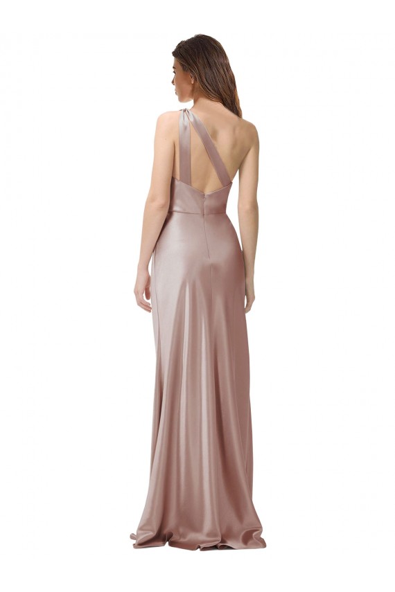 Sleeveless One Shoulder Stretch Satin Dusty Pink Long Formal Evening Dress Canada for Sale