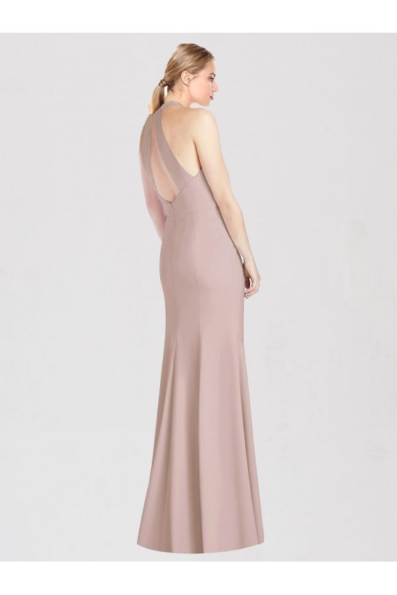 Sleeveless Halter Neck Stretch Crepe Dusty Pink Long Semi Formal Evening Dress Canada for Sale