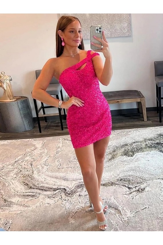 Sleeveless One Shoulder Velvet Sequin Fuchsia Short Evening Dresses Canada for Sale