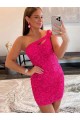 Sleeveless One Shoulder Velvet Sequin Fuchsia Short Evening Dresses Canada for Sale