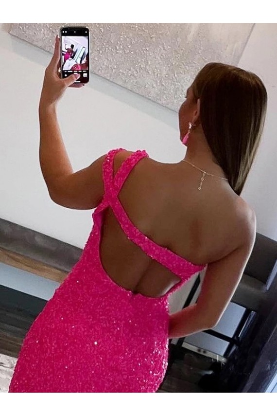 Sleeveless One Shoulder Velvet Sequin Fuchsia Short Evening Dresses Canada for Sale