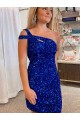 Sleeveless One Shoulder Velvet Sequin Fuchsia Short Evening Dresses Canada for Sale