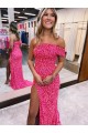 Sleeveless One Shoulder Velvet Sequin Fuchsia Sweep Train Evening Dress Canada for Sale