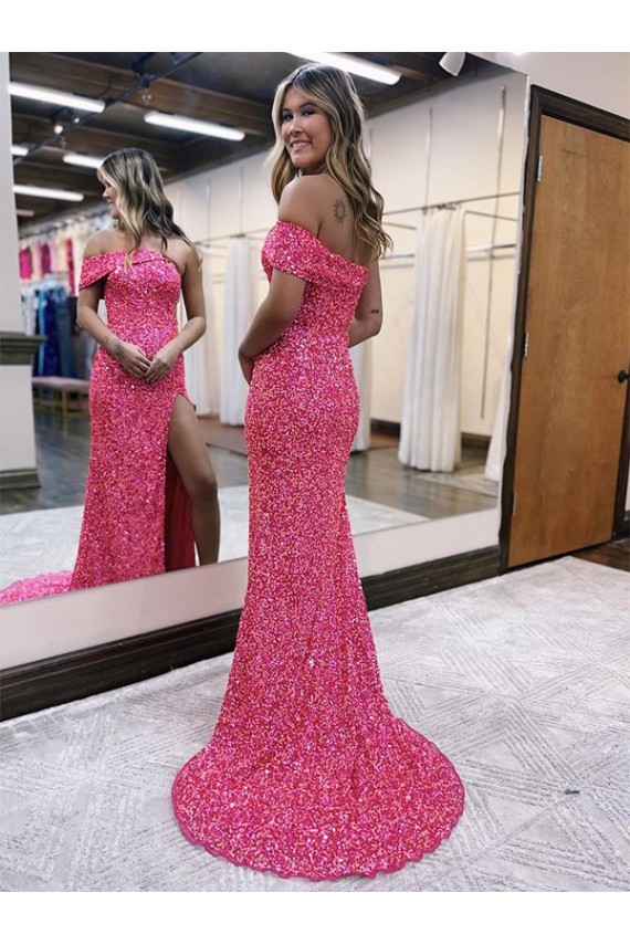 Sleeveless One Shoulder Velvet Sequin Fuchsia Sweep Train Evening Dress Canada for Sale
