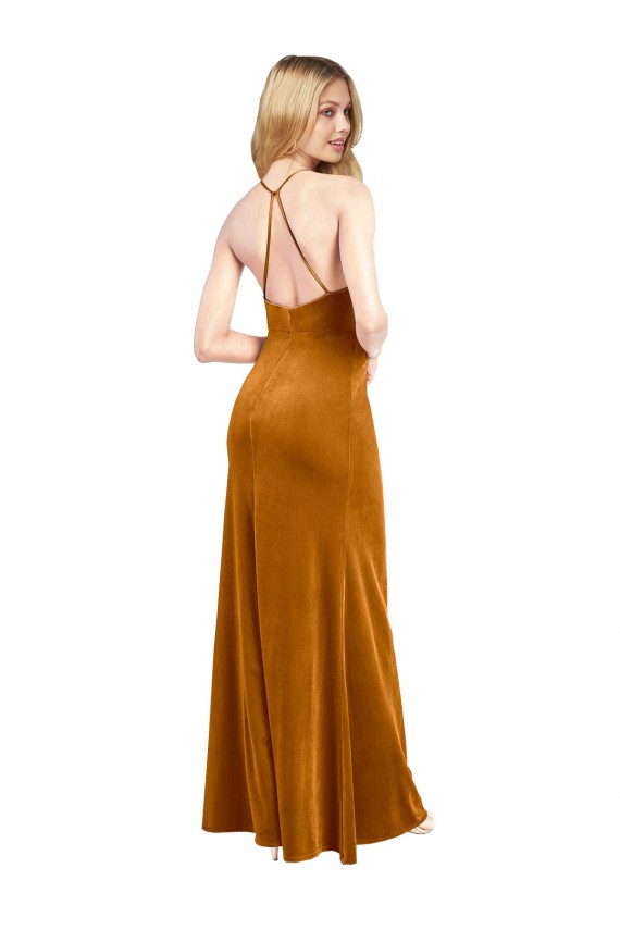 Sleeveless High Neck Stretch Velvet Gold Long Formal Evening Dress Canada for Sale