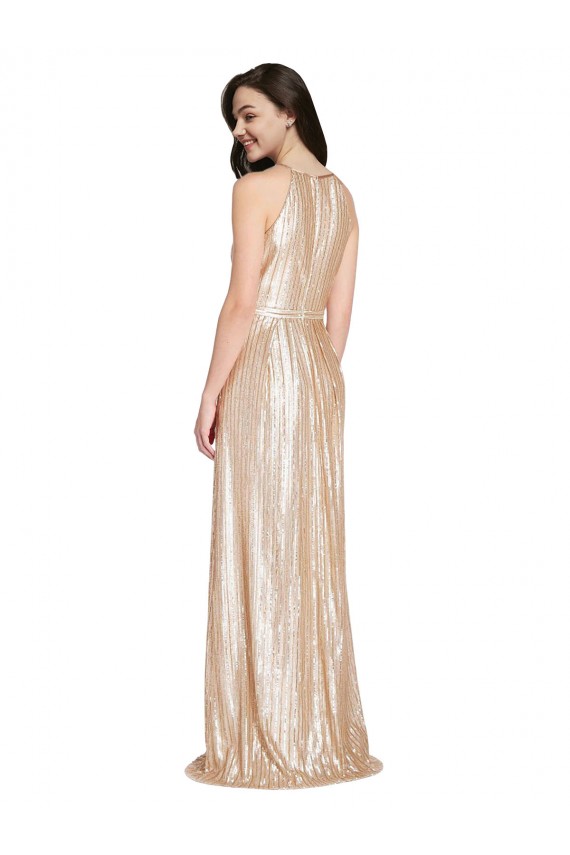Sleeveless High Neck Sequin Gold Long Formal Evening Dress Canada for Sale