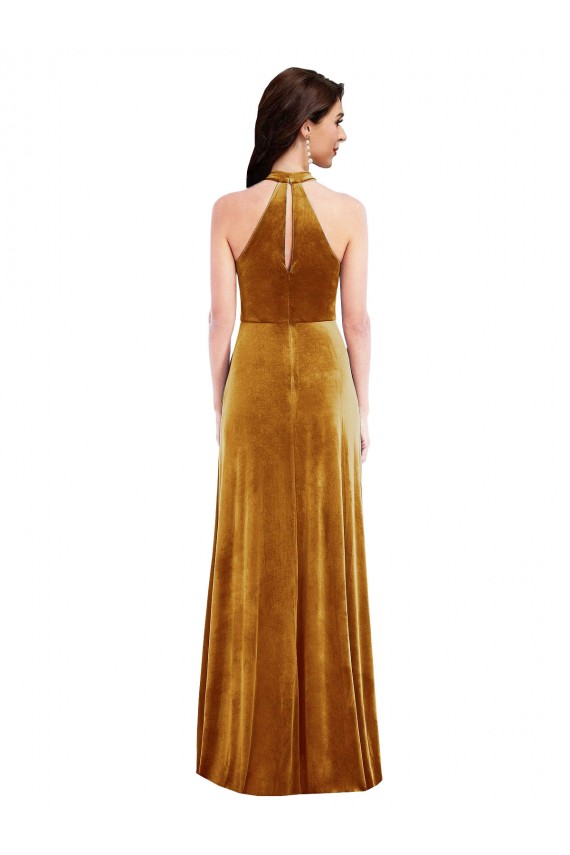 Sleeveless High Neck Stretch Velvet Gold Long Semi Formal Evening Dress Canada for Sale