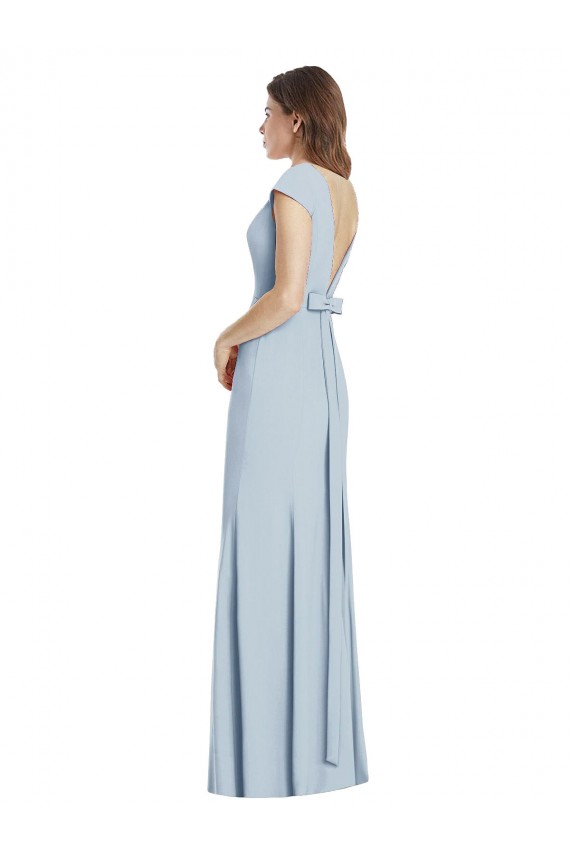 Cap Sleeves Bateau Neck Stretch Crepe Light Sky Blue Long Formal Dress Canada for Sale