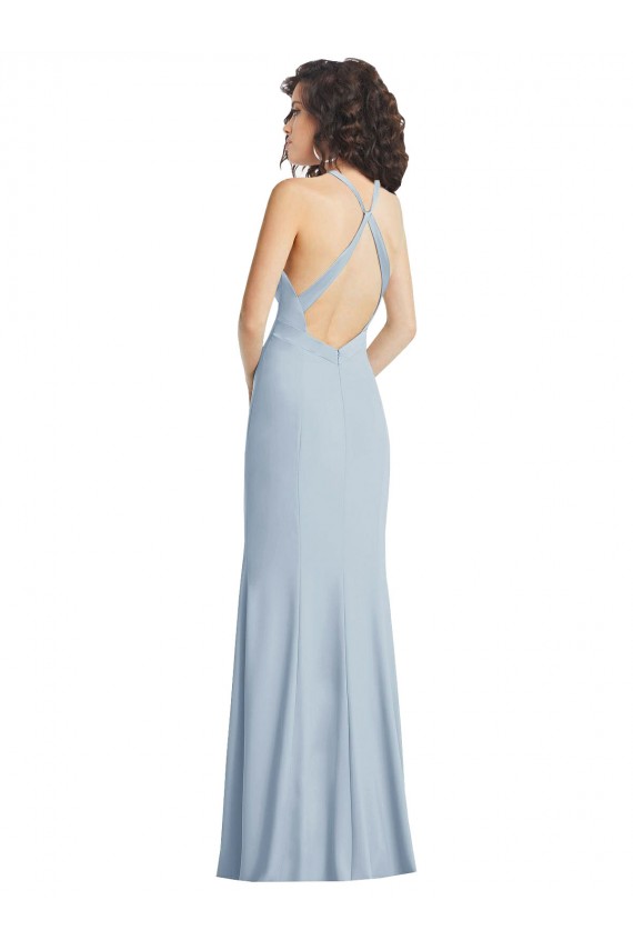 Sleeveless High Neck Stretch Crepe Light Sky Blue Long Formal Evening Dress Canada for Sale