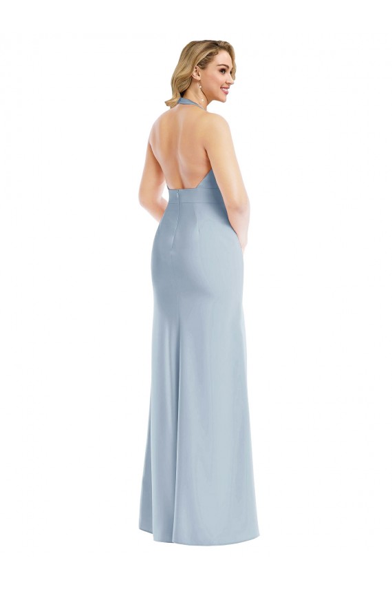 Sleeveless Halter Neck Stretch Crepe Light Sky Blue Long Evening Dress Canada for Sale