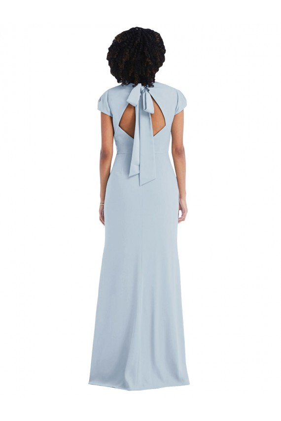 Cap Sleeves Jewel Neck Stretch Crepe Light Sky Blue Long Semi Formal Evening Dress Canada for Sale