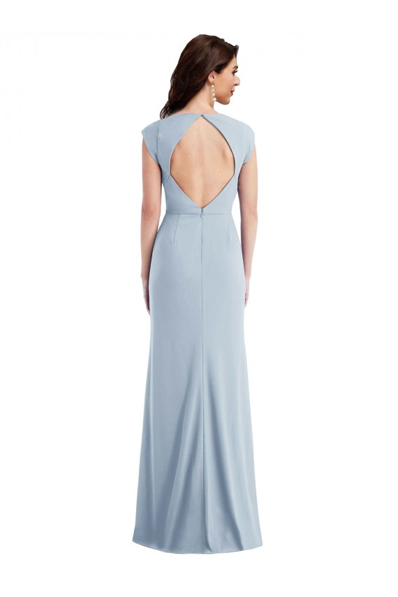 Cap Sleeves Stretch Crepe Light Sky Blue Long Formal Evening Dress Canada for Sale