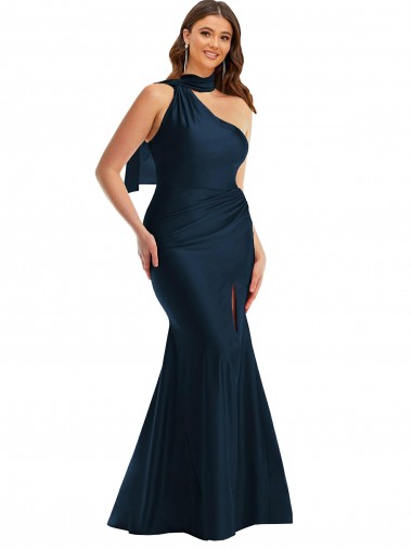 Sleeveless Halter Neck Silky Satin Dark Navy Long Formal Plus Size Evening Dress Canada for Sale