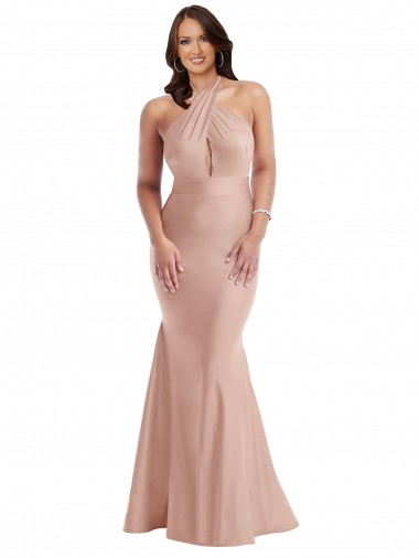 Sleeveless Halter Neck Silky Satin Dusty Pink Long Formal Plus Size Evening Dress Canada for Sale