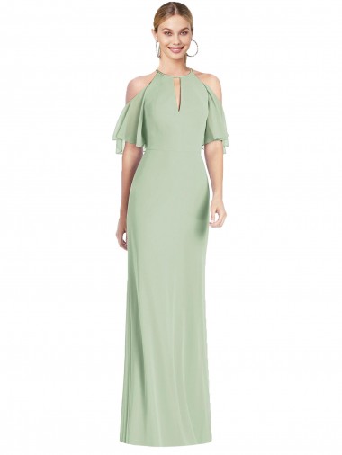 Cold Shoulder Halter Neck Soft Chiffon Sage Long Semi Formal Evening Dress Canada for Sale