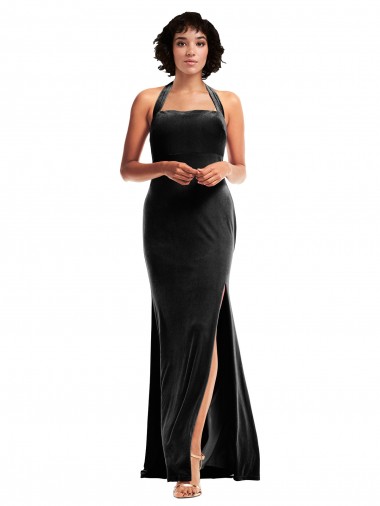 Sleeveless Halter Neck Stretch Velvet Black Long Formal Evening Dress Canada for Sale