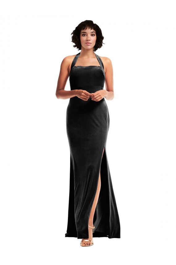 Sleeveless Halter Neck Stretch Velvet Black Long Formal Evening Dress Canada for Sale
