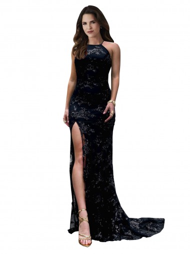 Sleeveless High Neck Lace Black Long Black Tie Evening Dress Canada for Sale