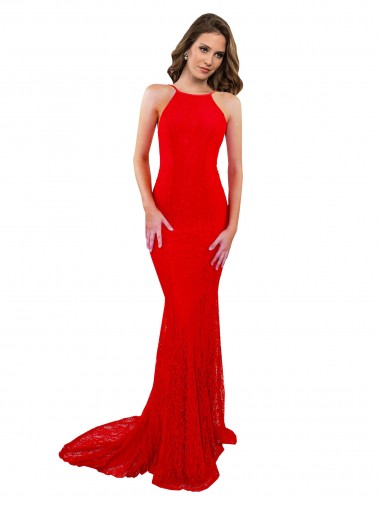 Sleeveless High Neck Lace Red Long Evening Dress Canada for Sale