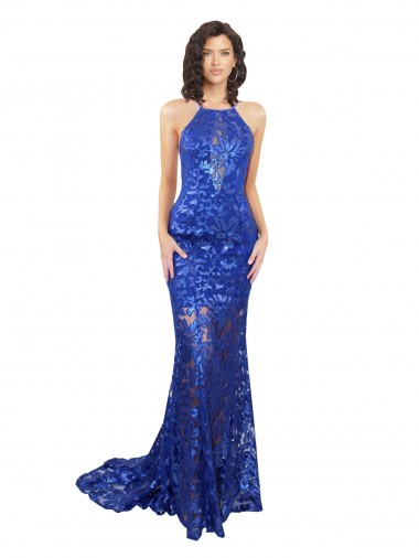 Sleeveless High Neck Lace Royal Blue Long Semi Formal Evening Dress Canada for Sale