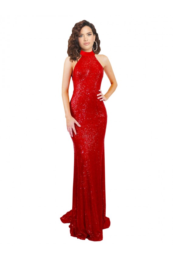 Sleeveless High Neck Sequin Red Long Formal Evening Dress Canada for Sale