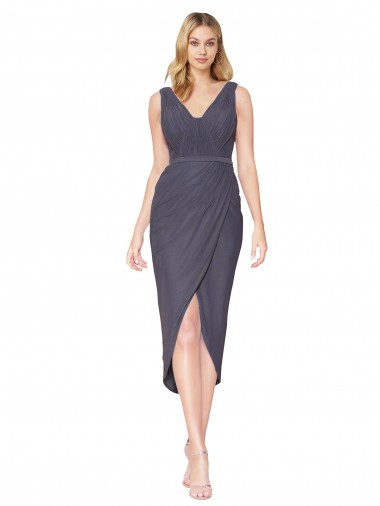 Sleeveless High Neck Soft Chiffon Slate Grey Cocktail Length High Low Evening Dress Canada for Sale
