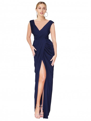 Sleeveless High Neck Soft Chiffon Dark Navy Long Formal Evening Dress Canada for Sale