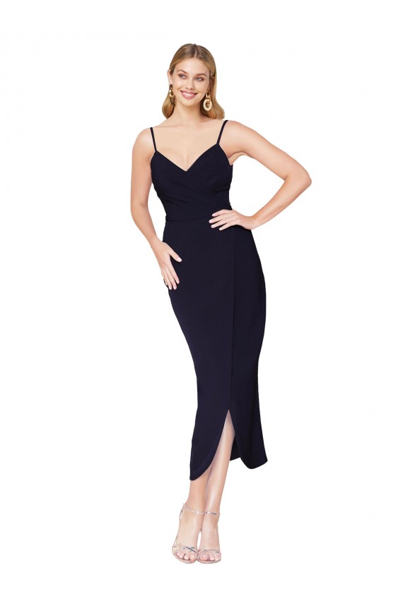 Sleeveless High Neck Stretch Crepe Dark Navy Knee Length Formal Dress Canada for Sale