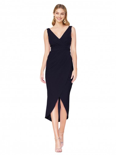 Sleeveless High Neck Stretch Crepe Dark Navy Knee Length High Low Evening Dress Canada for Sale