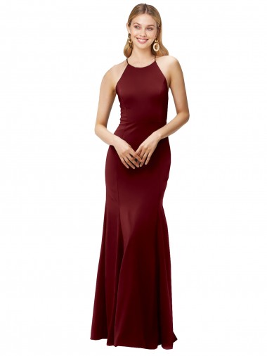 Sleeveless High Neck Stretch Crepe Burgundy Gold Long Formal Evening Dress Canada for Sale