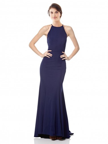 Sleeveless High Neck Stretch Crepe Navy Blue Long Evening Dress Canada for Sale
