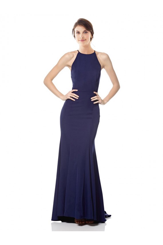 Sleeveless High Neck Stretch Crepe Navy Blue Long Evening Dress Canada for Sale