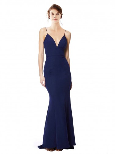 Sleeveless High Neck Stretch Crepe Navy Blue Long Formal Dress Canada for Sale
