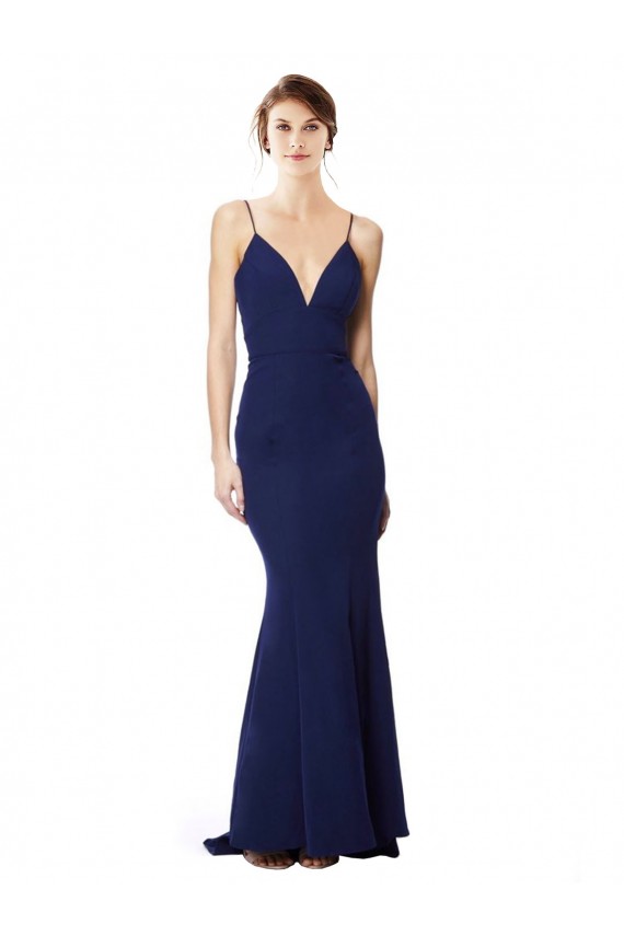 Sleeveless High Neck Stretch Crepe Navy Blue Long Formal Dress Canada for Sale