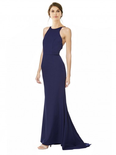 Sleeveless High Neck Stretch Crepe Navy Blue Long Formal Evening Dress Canada for Sale