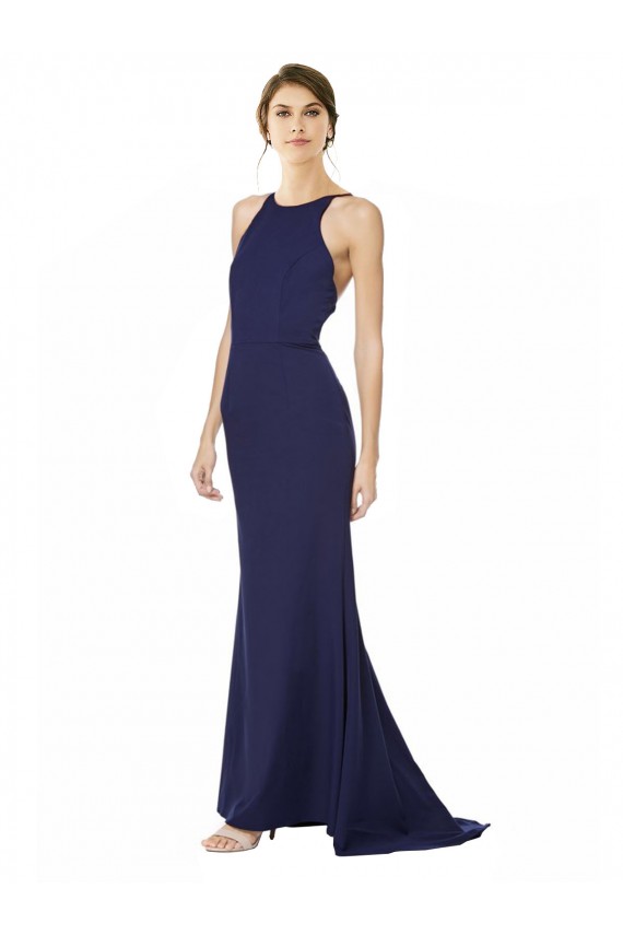 Sleeveless High Neck Stretch Crepe Navy Blue Long Formal Evening Dress Canada for Sale