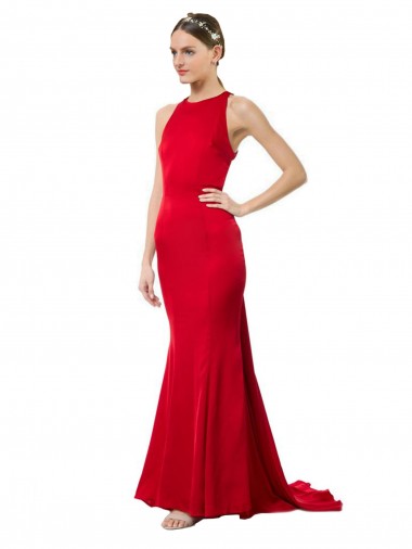 Sleeveless High Neck Stretch Crepe Red Long Formal Evening Gown Canada for Sale
