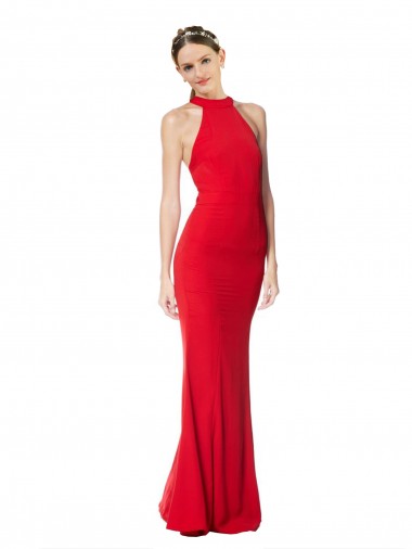 Sleeveless High Neck Stretch Crepe Red Long Evening Dresses Canada for Sale