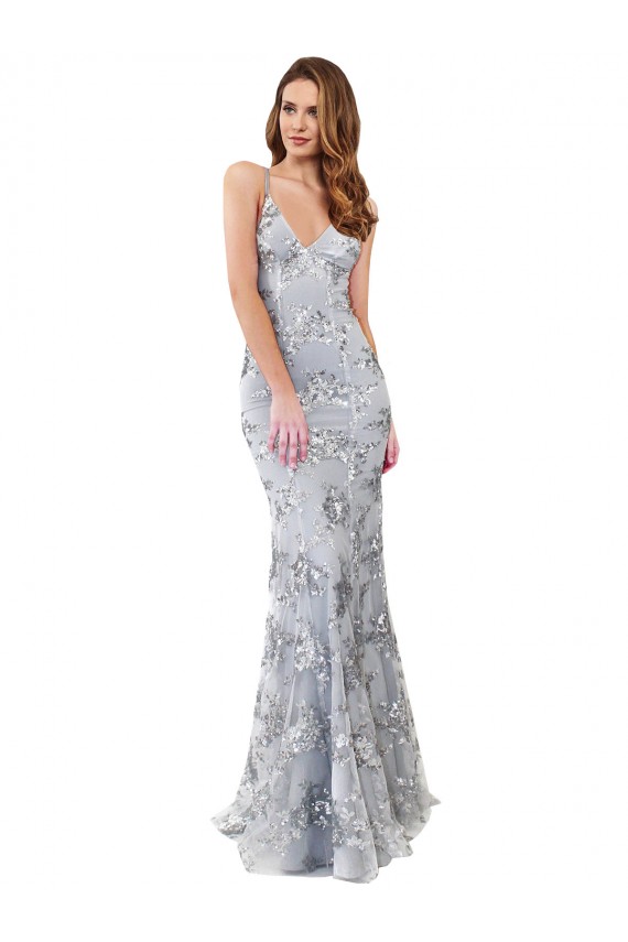 Sleeveless High Neck Stretch Crepe & Sequin Tulle Silver Long Formal Evening Dress Canada for Sale
