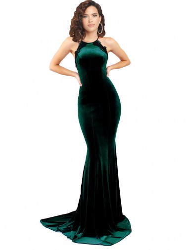 Sleeveless High Neck Stretch Velvet Dark Green Sweep Train Formal Evening Dress Canada for Sale