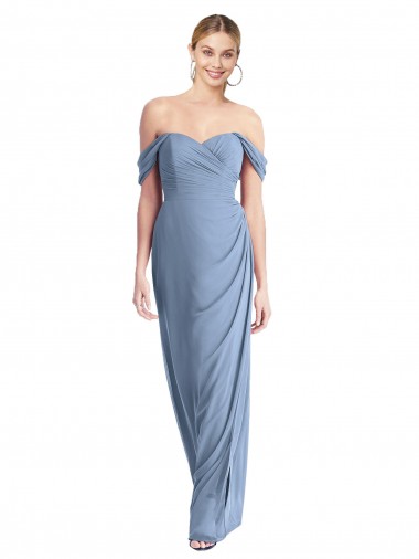 Sleeveless Off the Shoulder Soft Chiffon Dusty Blue Long Semi Formal Evening Dress Canada for Sale