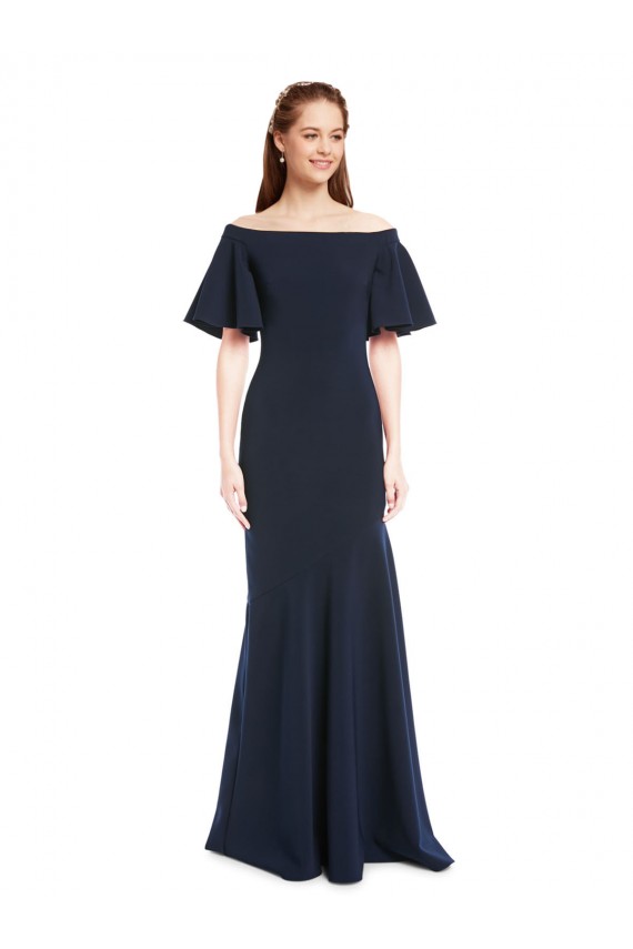 Short Sleeves Off the Shoulder Stretch Crepe Dark Navy Long Evening Dress Canada for Sale