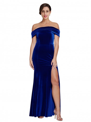 Sleeveless Off the Shoulder Stretch Velvet Royal Blue Long Formal Evening Dress Canada for Sale