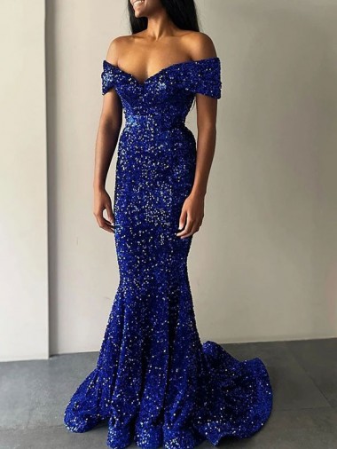 Sleeveless Off the Shoulder Velvet Sequin Royal Blue Sweep Train Evening Dresses Canada for Sale