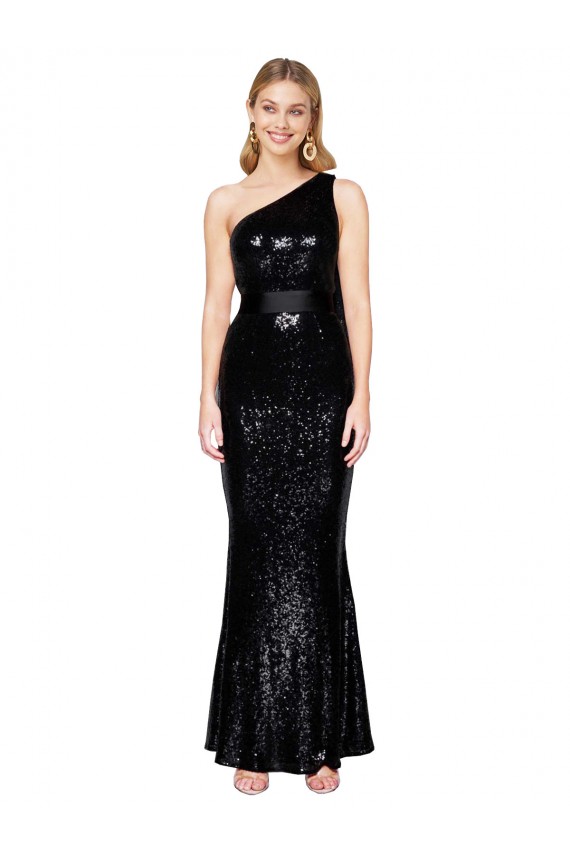 Sleeveless One Shoulder Sequin Black Long Formal Evening Dress Canada for Sale