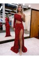 Long Sleeves One Shoulder Velvet Sequin Burgundy Sweep Train Evening Dress Canada for Sale